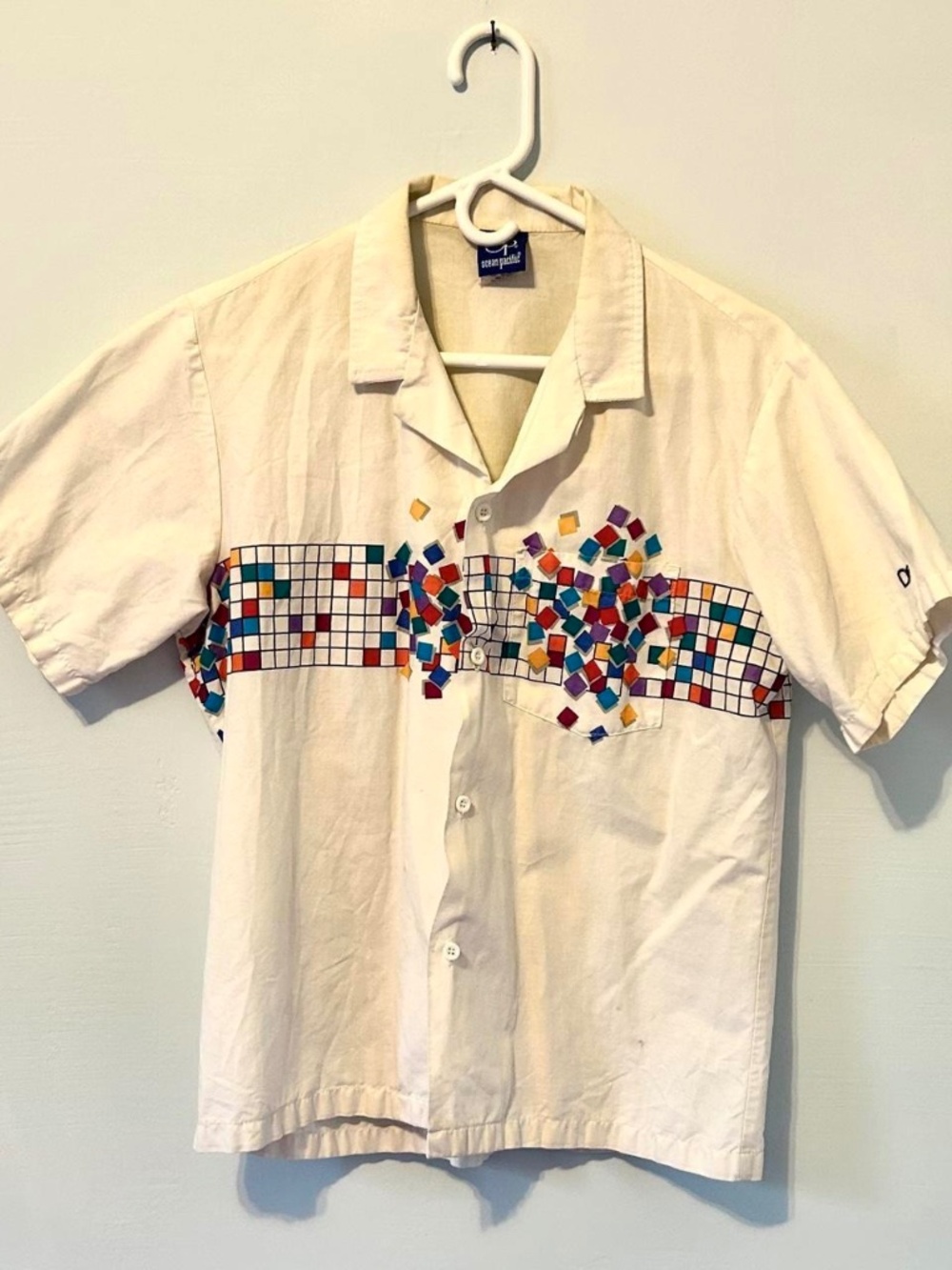 White Geometric Vintage 80's Ocean Pacific Button Up Short Sleeve Shirt Size 2
